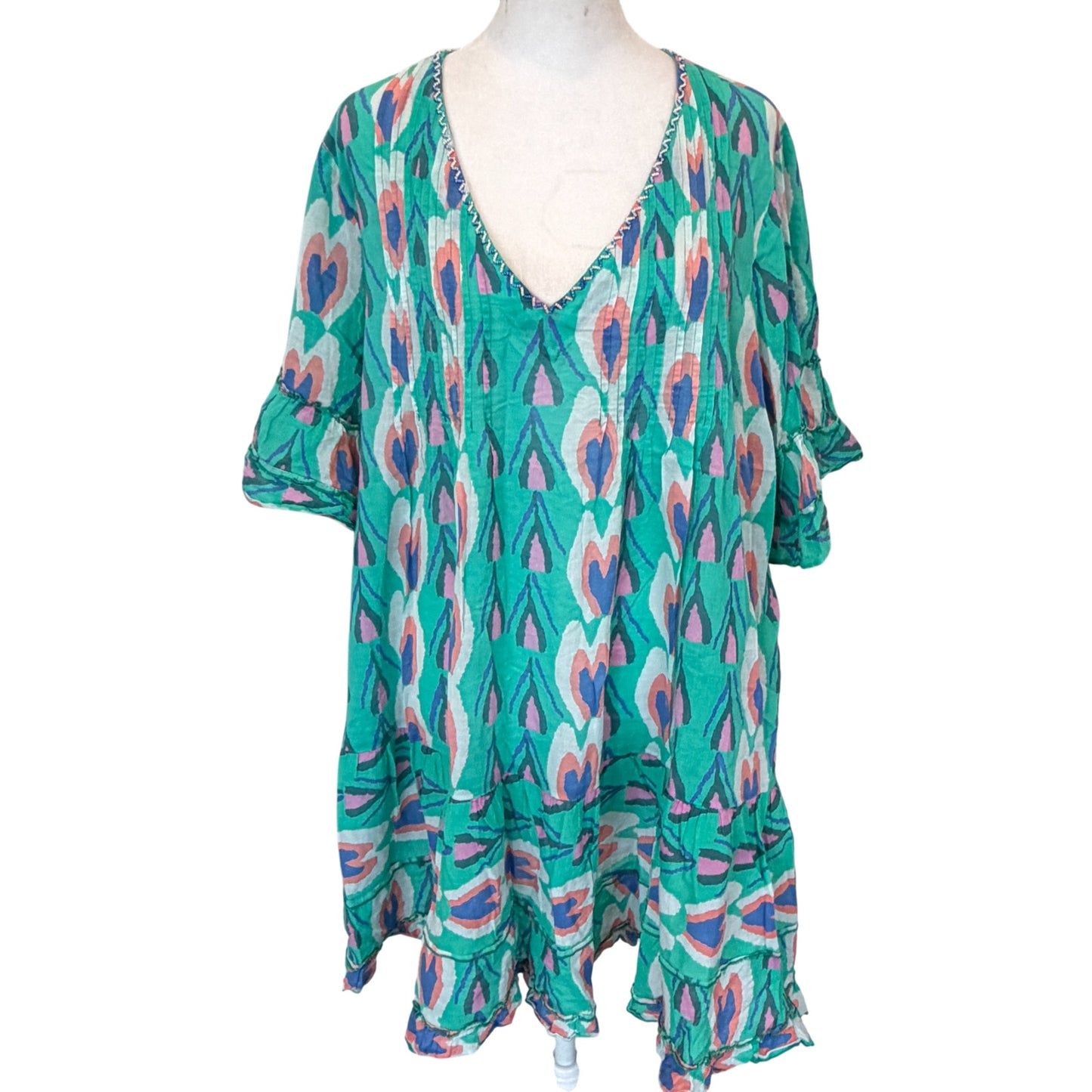 Anthropologie Duet Green Blue Print Dress Coverup Womens Size Large