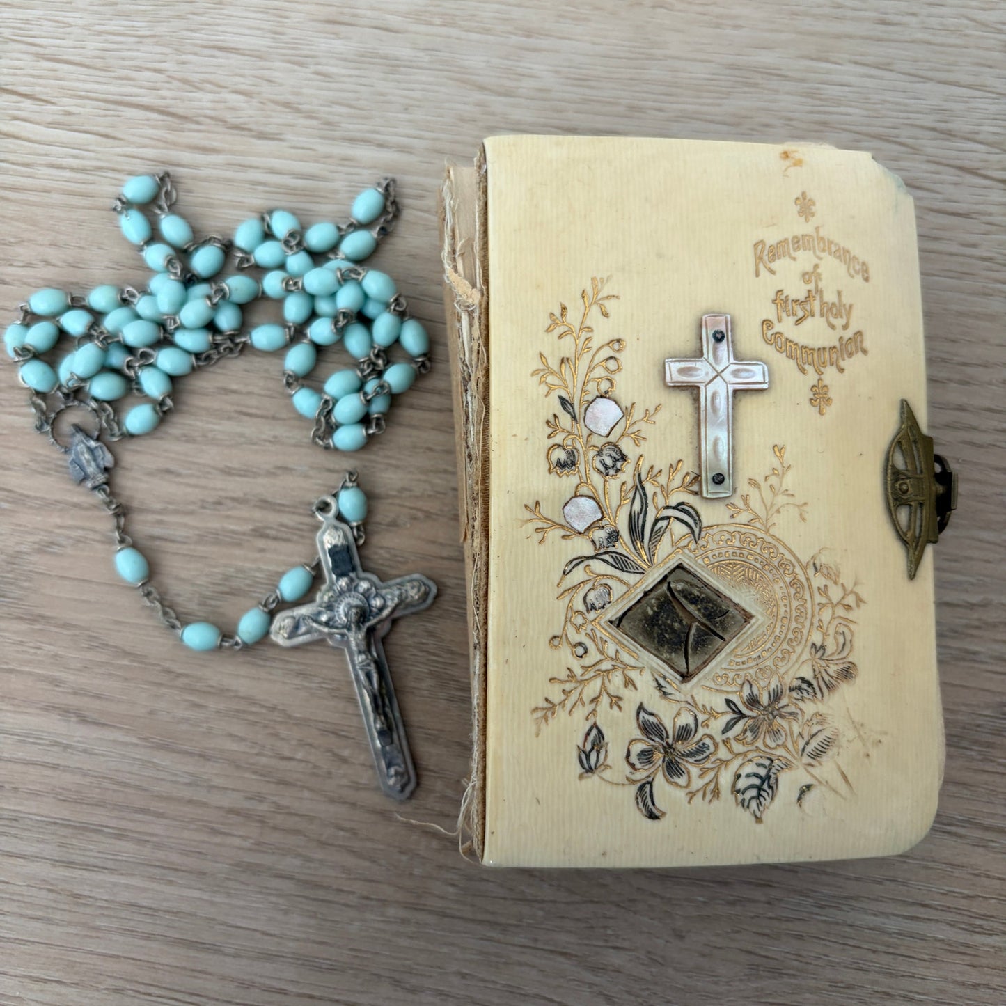Antique German Remembrance of 1st Holy Communion Prayer Book, Blue Rosary Beads
