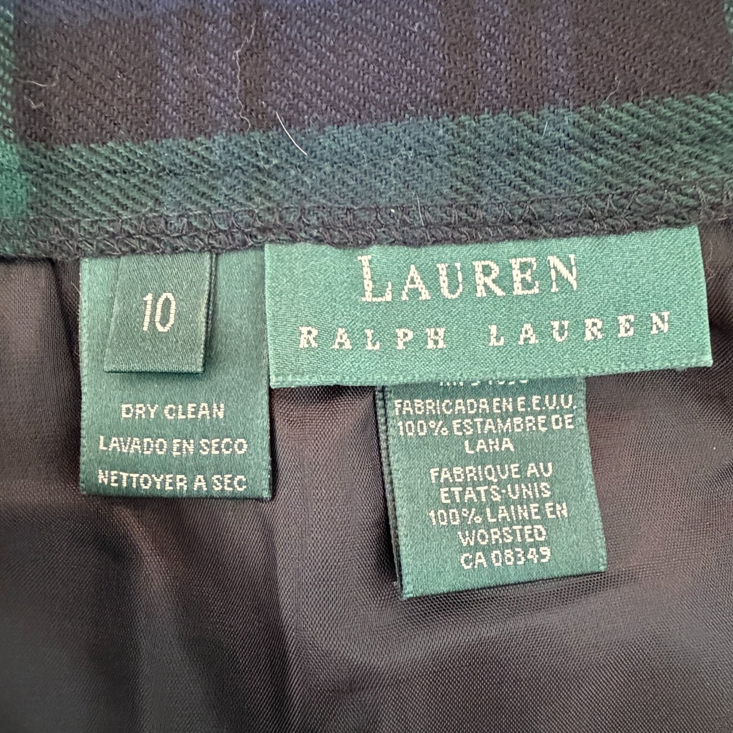 Vintage Ralph Lauren Navy Green Plaid 100% Wool Skirt Womens Size 10 *FLAW*