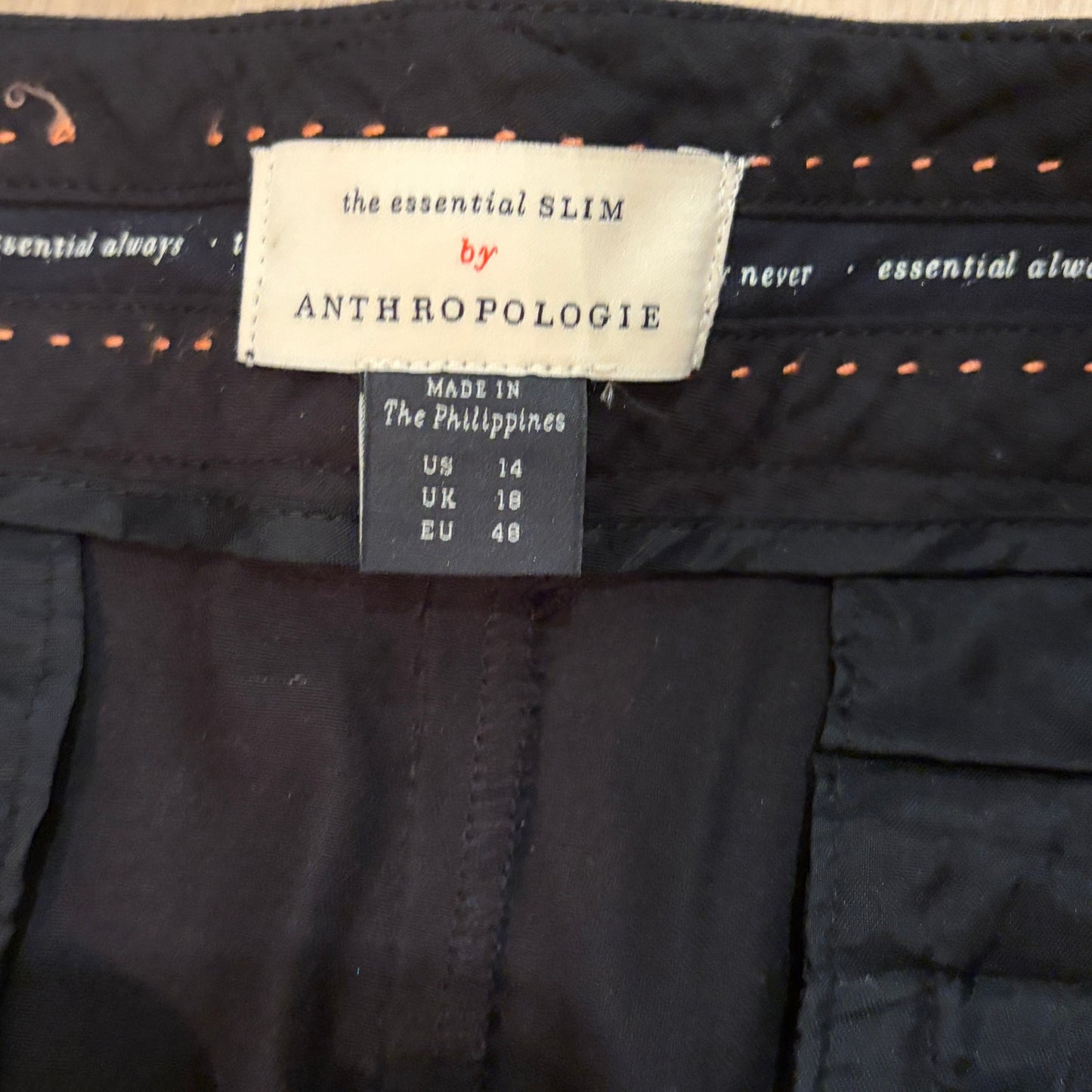 Anthropologie The Essential Slim Black Flat Front Pant Womens Size 14