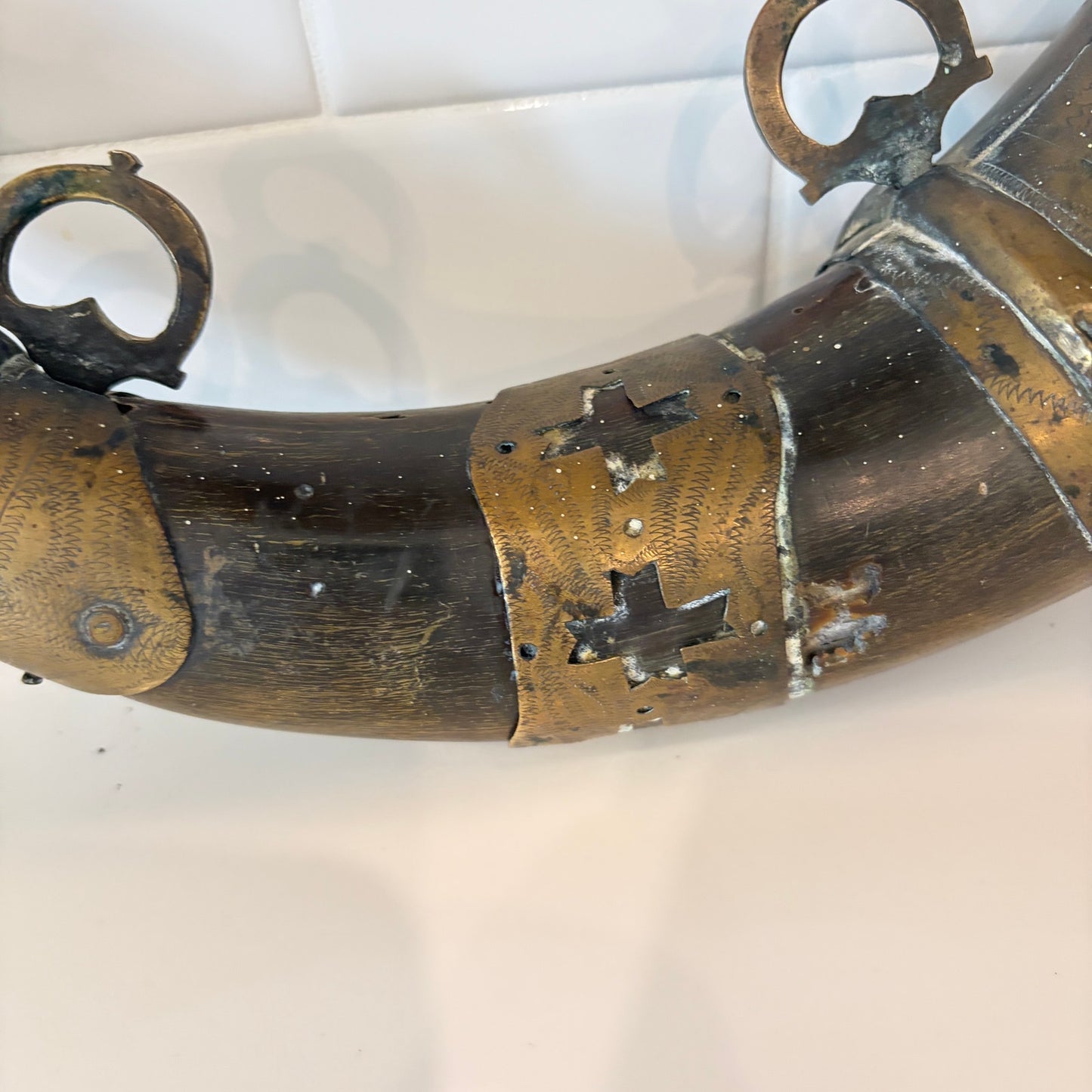 Antique Decorated Brass Gun Powder Horn North African Circa 18th-19th Century