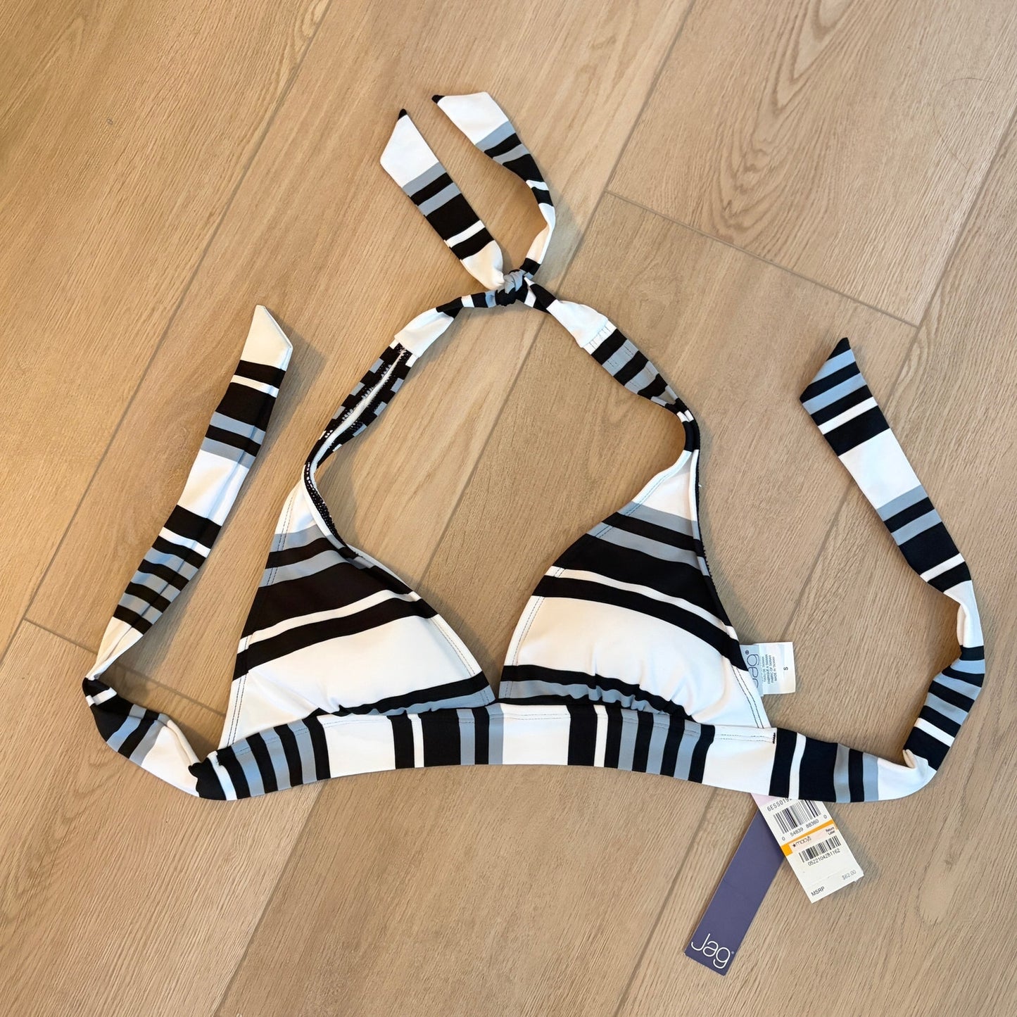 Jag Black, Gray, White Striped Bikini Top Swim Suit Womens Size Small NEW