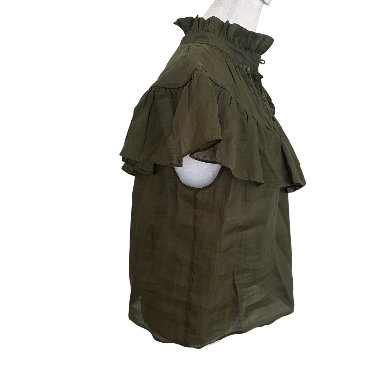 Frame Dark Olive Green High Neck Flutter Sleeve Ruffle Top Blouse Womens Size XS