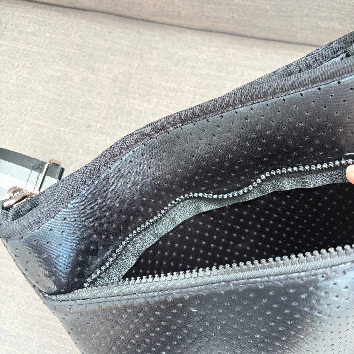 Ahdorned Black Large Pouch Crossbody With Black, White, Gray Woven Strap