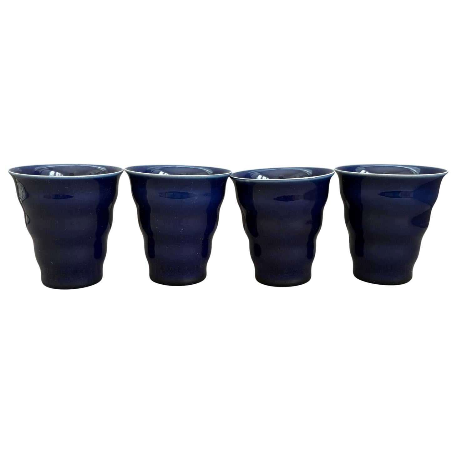 LOT 4 Boda Nova Sweden Blue Ribbed Tapered Ceramic Drinking Glasses 4" Tall 90s