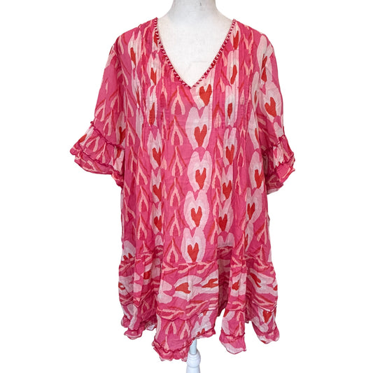 Anthropologie Duet Pink Red Hearts Print Dress Coverup Womens Size Large