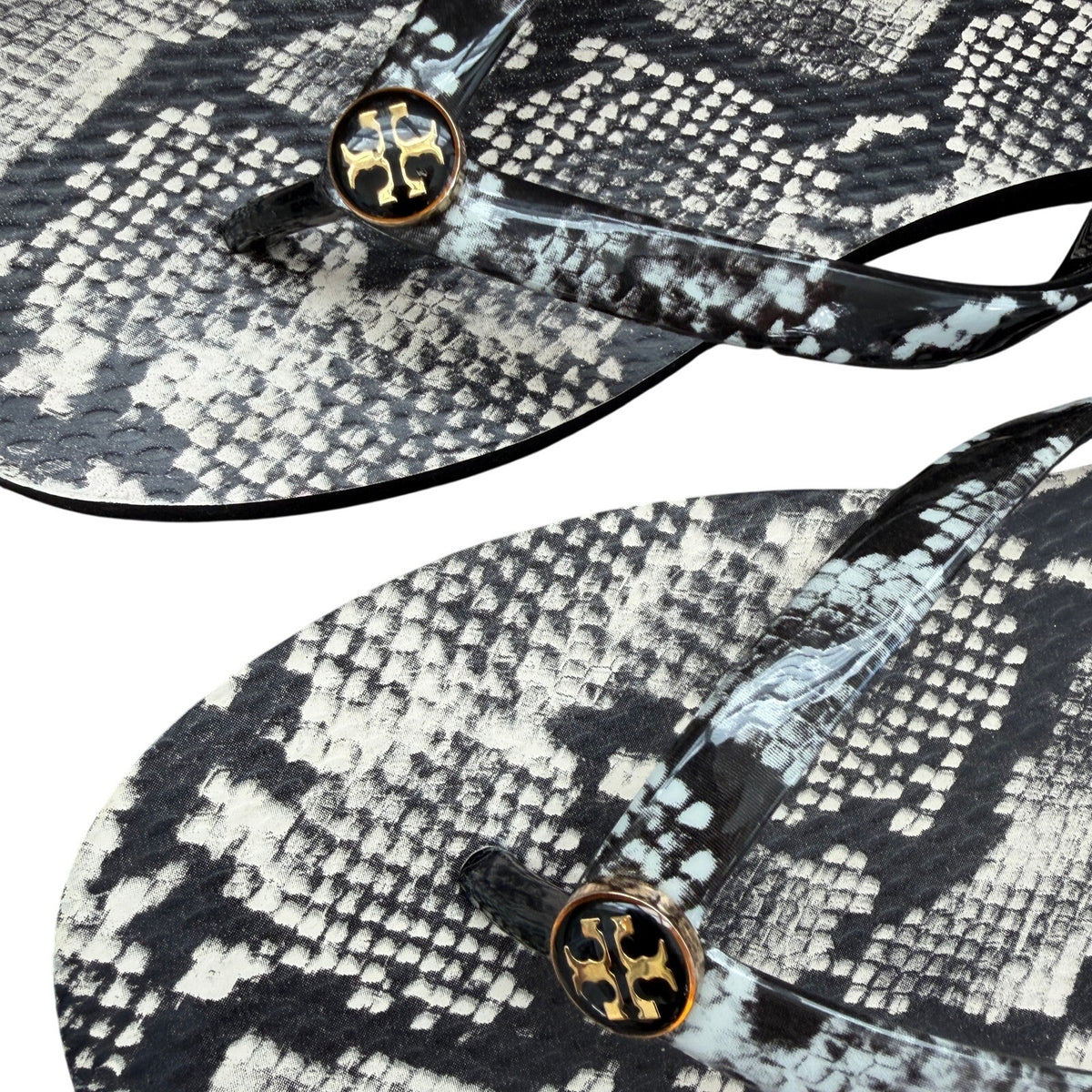 Tory Burch Black Ivory Snakeskin Print Flip Flop Thong Sandals Womens Size 7.5