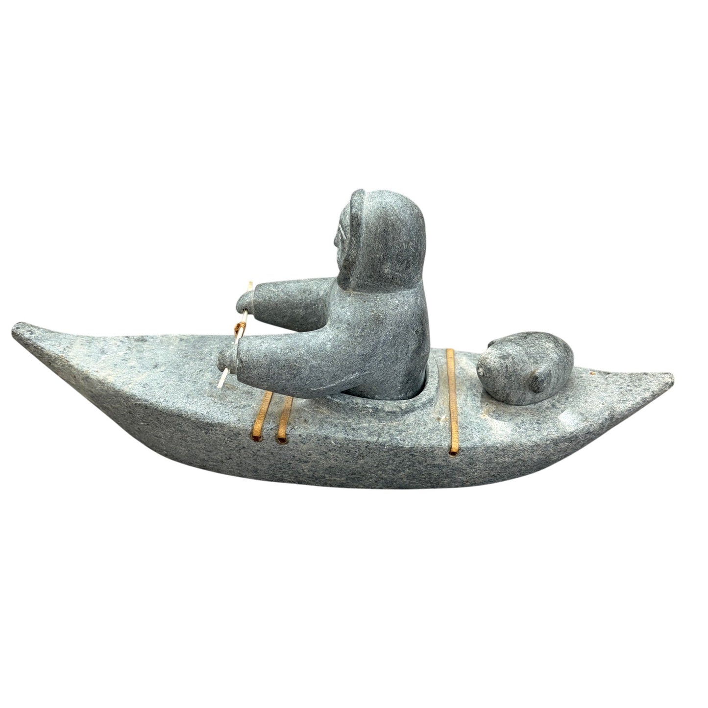 Vintage Inuit Gray Soapstone Man in Boat Figure Sculpture Eskimo Art Signed