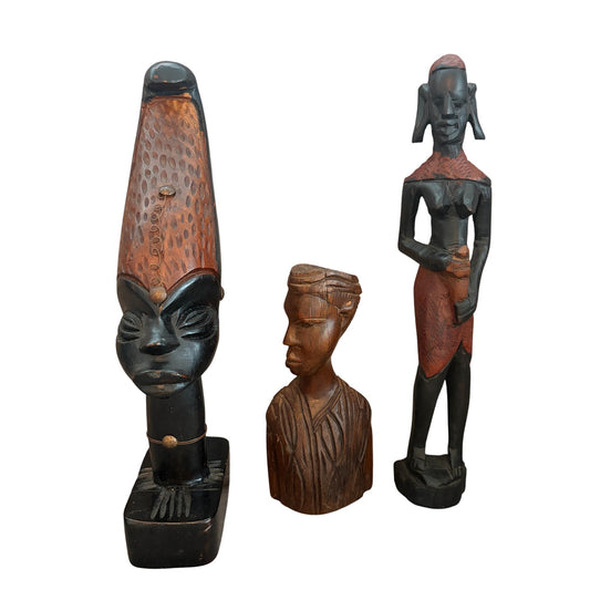 Vintage African Tribal Hand Carved Wooden Statue Figure 12" and 7" LOT of 3