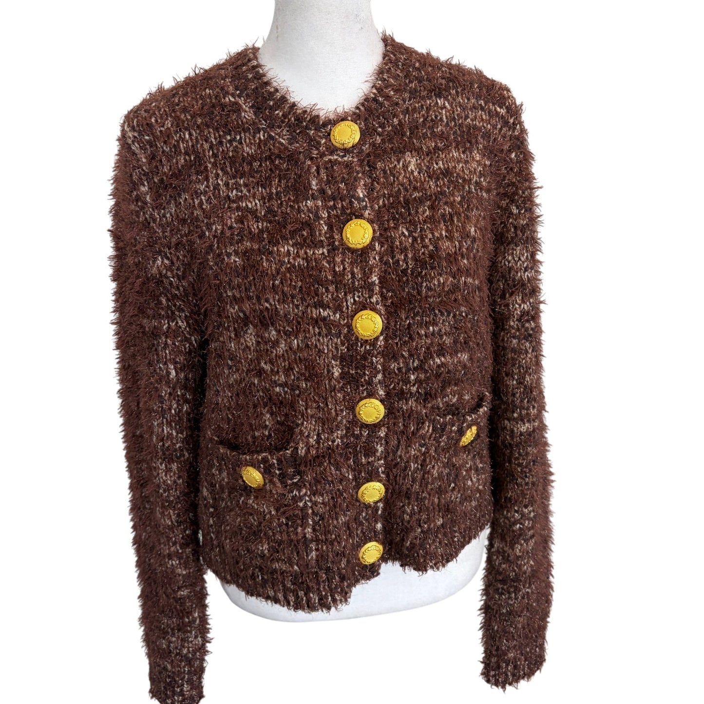 L'Agence Una Knit Cardigan Chocolate Brown with Gold Buttons Womens Size Medium