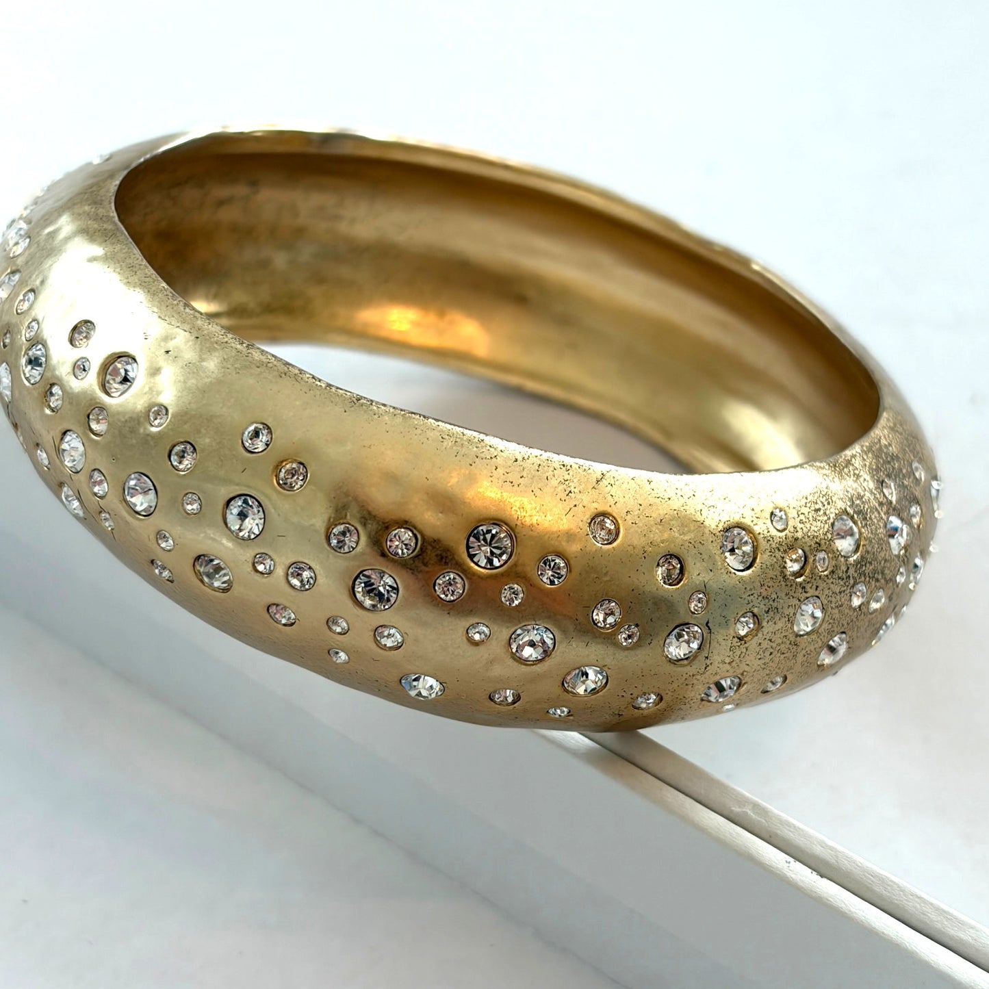 Gold Tone and CZ Inset Hammered Brass Bangle Bracelet