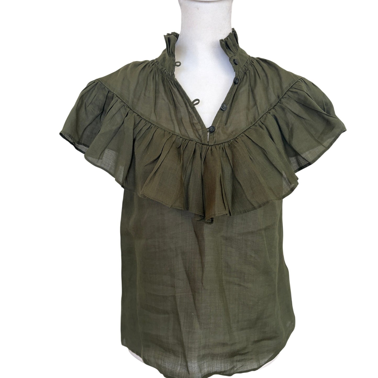 Frame Dark Olive Green High Neck Flutter Sleeve Ruffle Top Blouse Womens Size XS