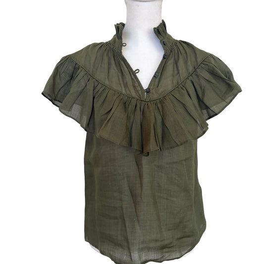 Frame Dark Olive Green High Neck Flutter Sleeve Ruffle Top Blouse Womens Size XS