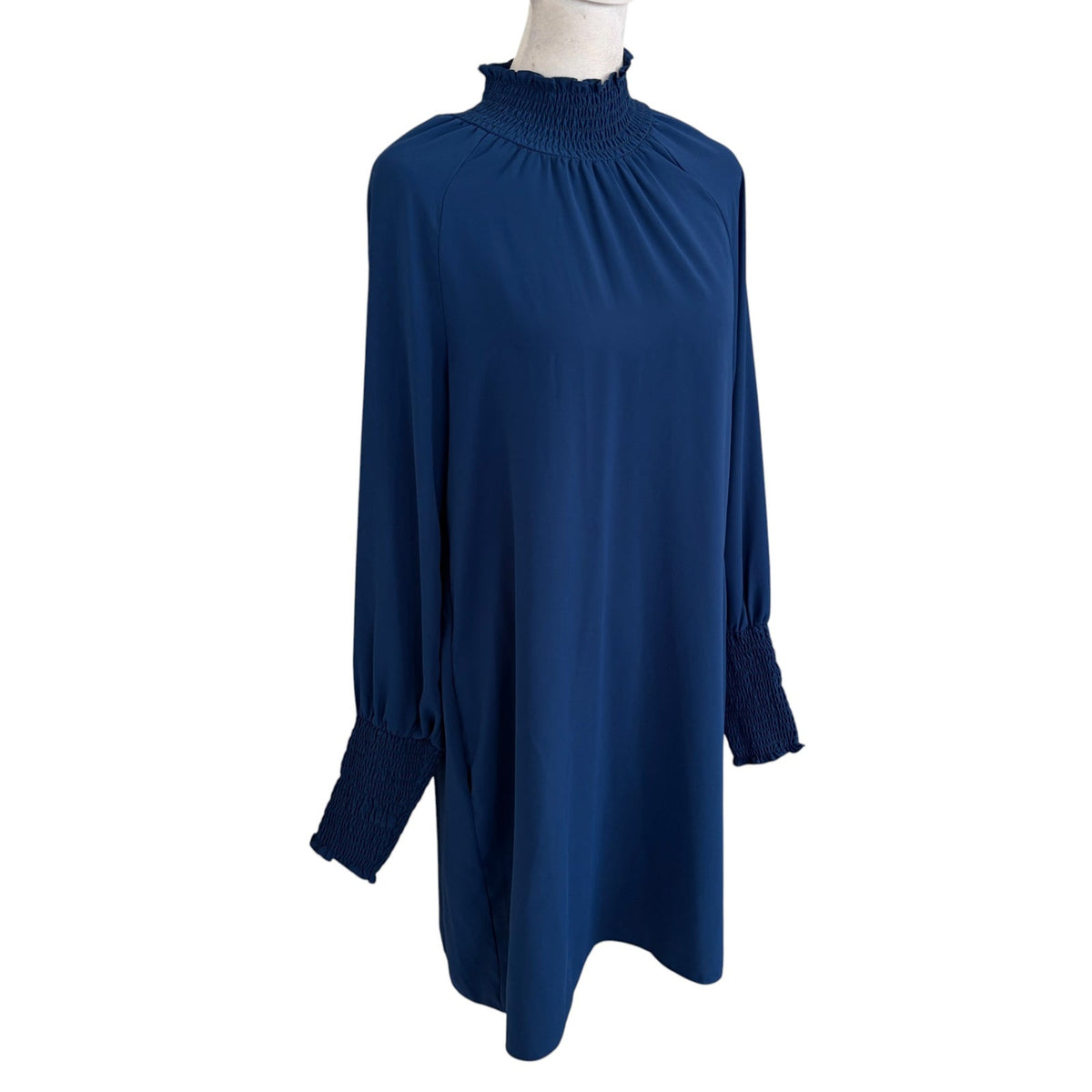 Amanda Uprichard Blue Mini Shift Dress Ruched Sleeves Mock Neck Women Size Small