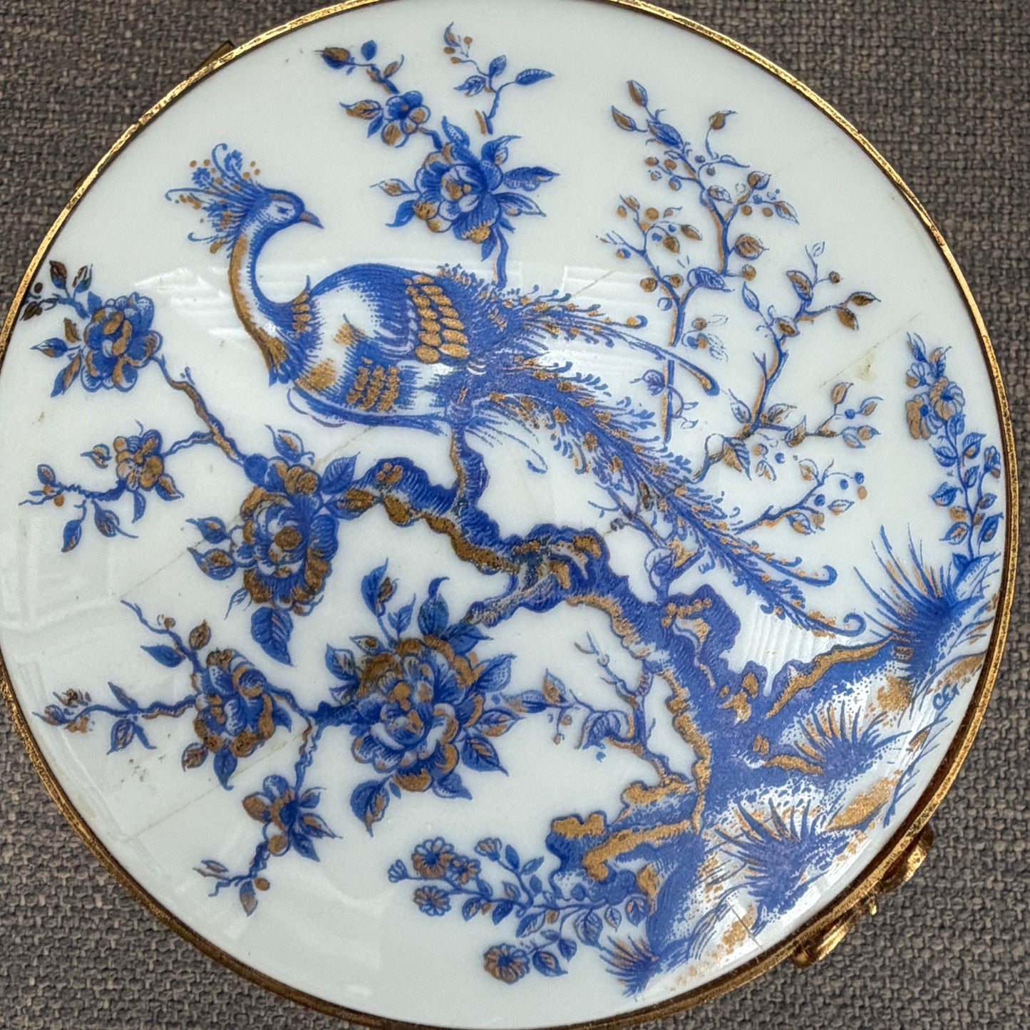 Limoges France Blue, White, Gold Peacock 4" Round Hinged Trinket / Jewelry Box