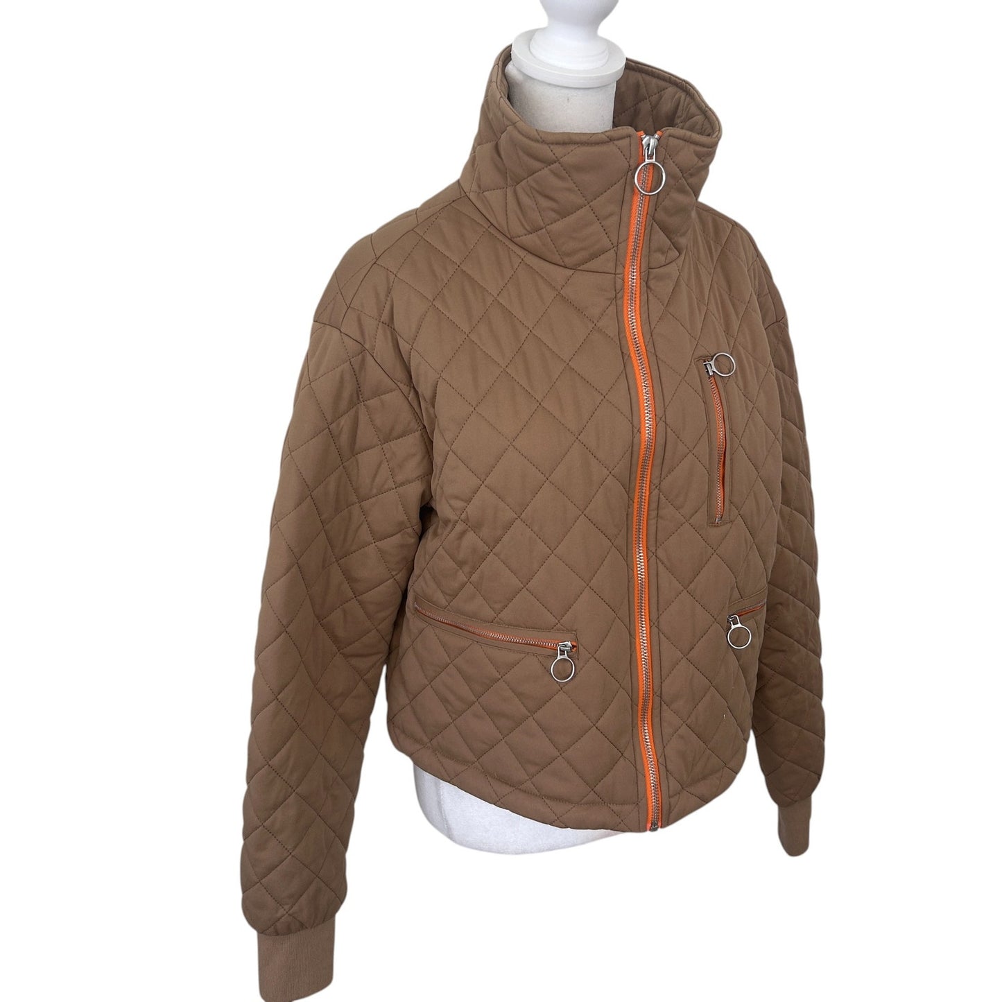 Avec Les Filles Brown Quilted Cropped Full Zip Jacket Womens Size Small