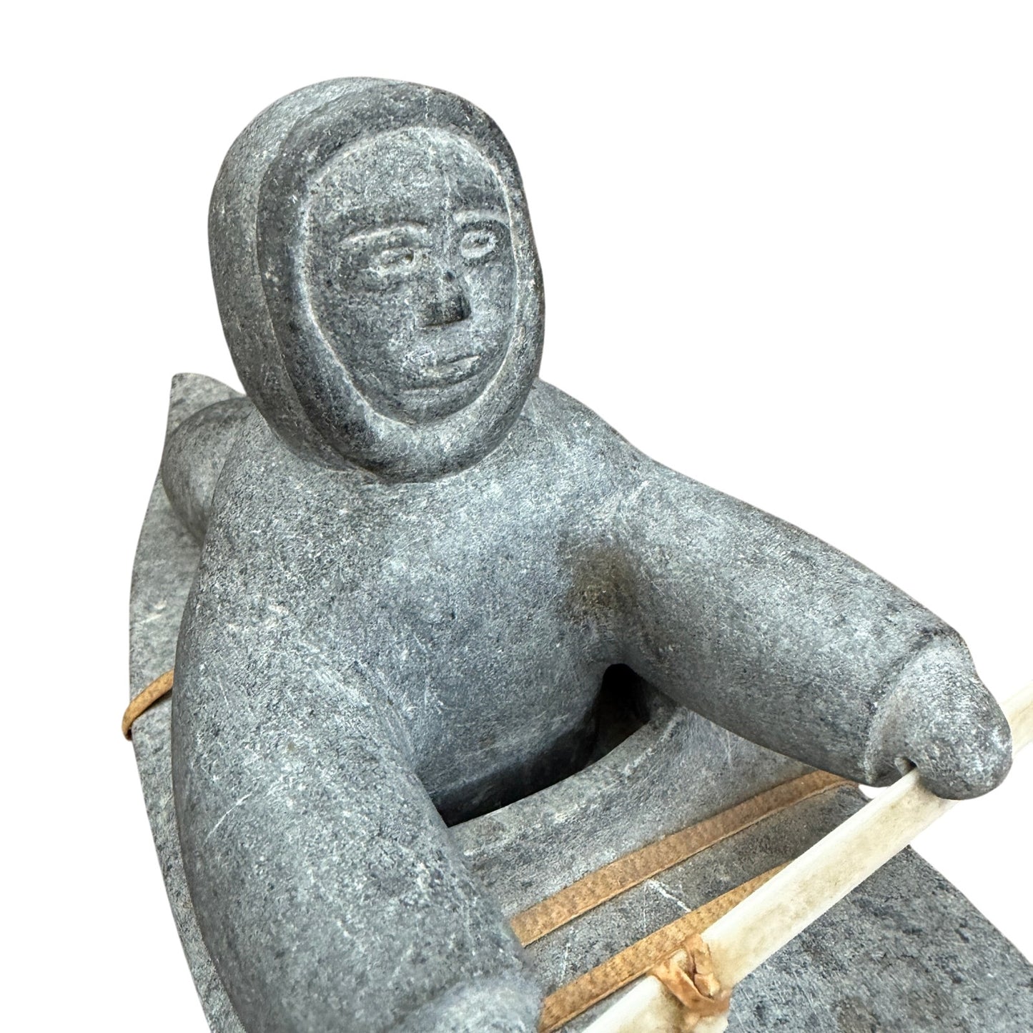 Vintage Inuit Gray Soapstone Man in Boat Figure Sculpture Eskimo Art Signed