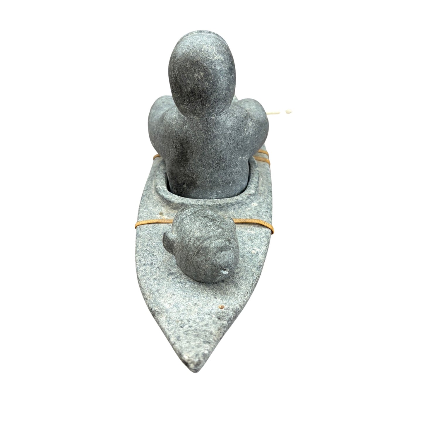 Vintage Inuit Gray Soapstone Man in Boat Figure Sculpture Eskimo Art Signed