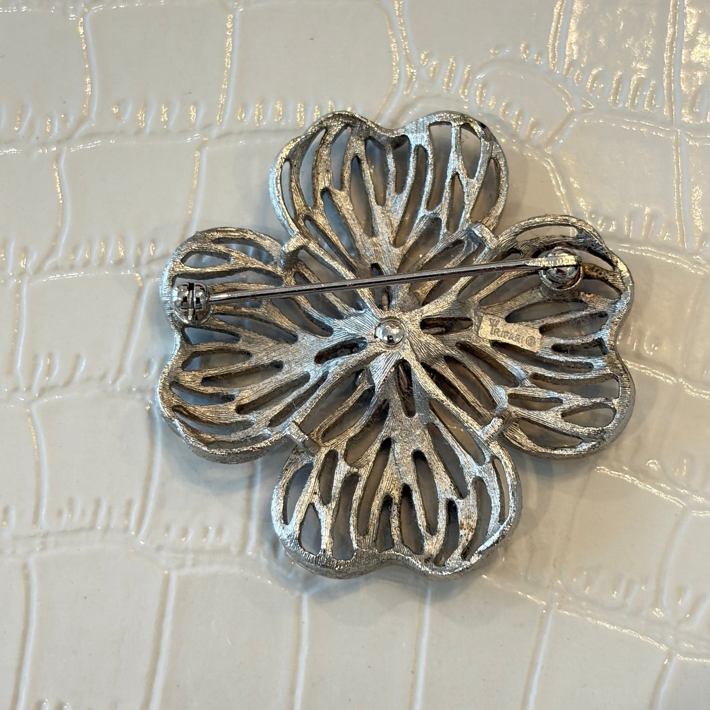 Crown Trifari Alfred Philippe Vintage Silver Flower with Pearls Brooch