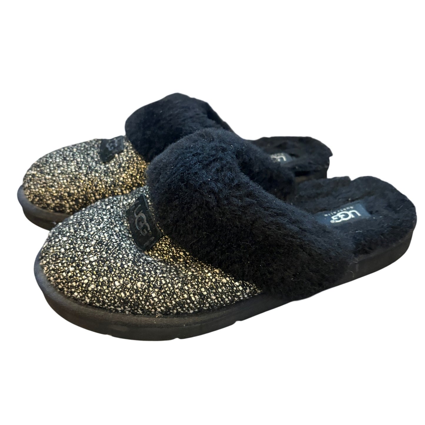UGG Australia Black, White, Gold Cozy Knit Slip On Shoes Slippers Womens Size 10