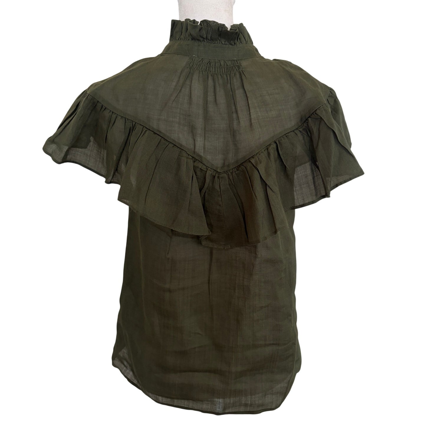 Frame Dark Olive Green High Neck Flutter Sleeve Ruffle Top Blouse Womens Size XS