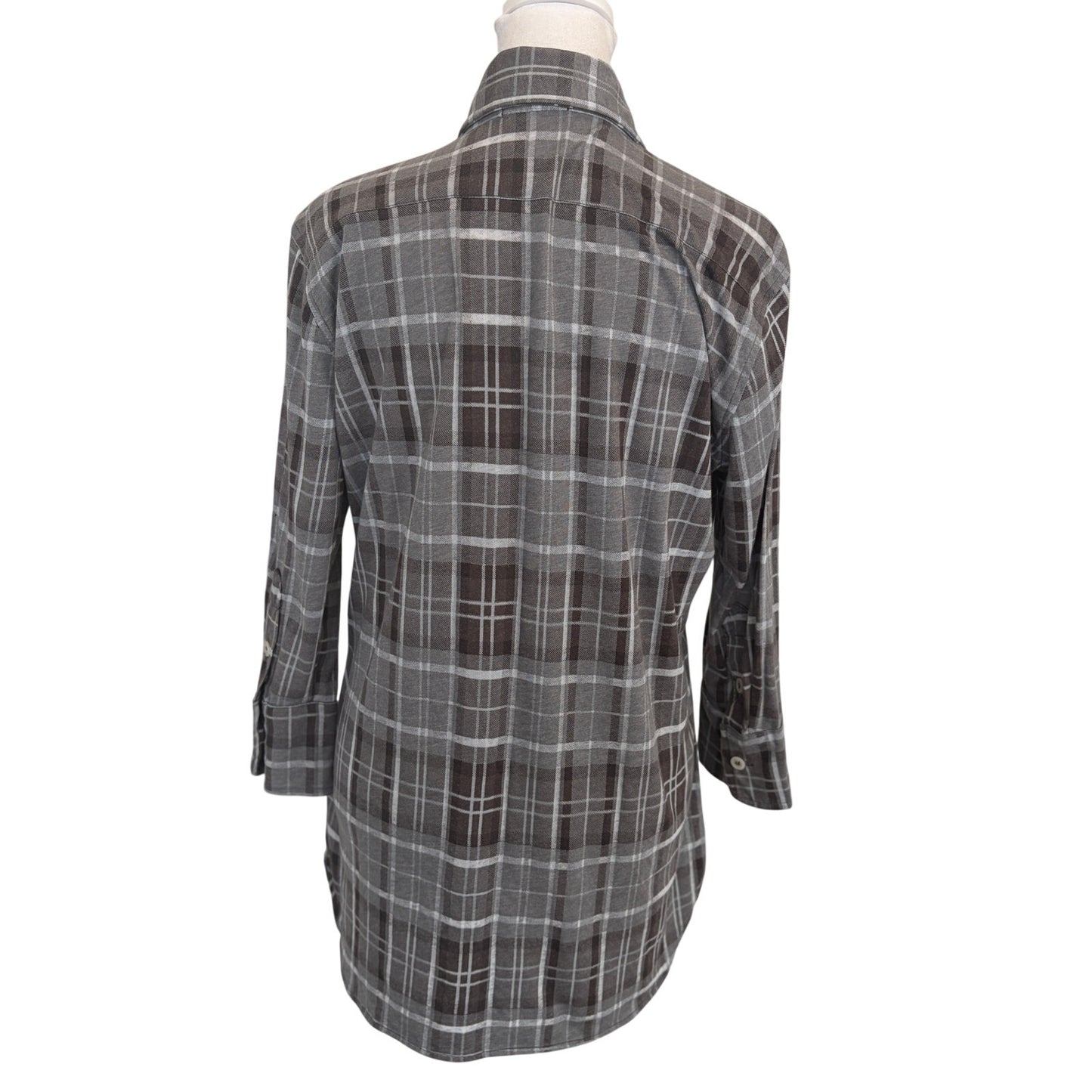 Allen Allen Gray White Plaid Button Down 3/4 Sleeves Tunic Shirt Womens Size XS