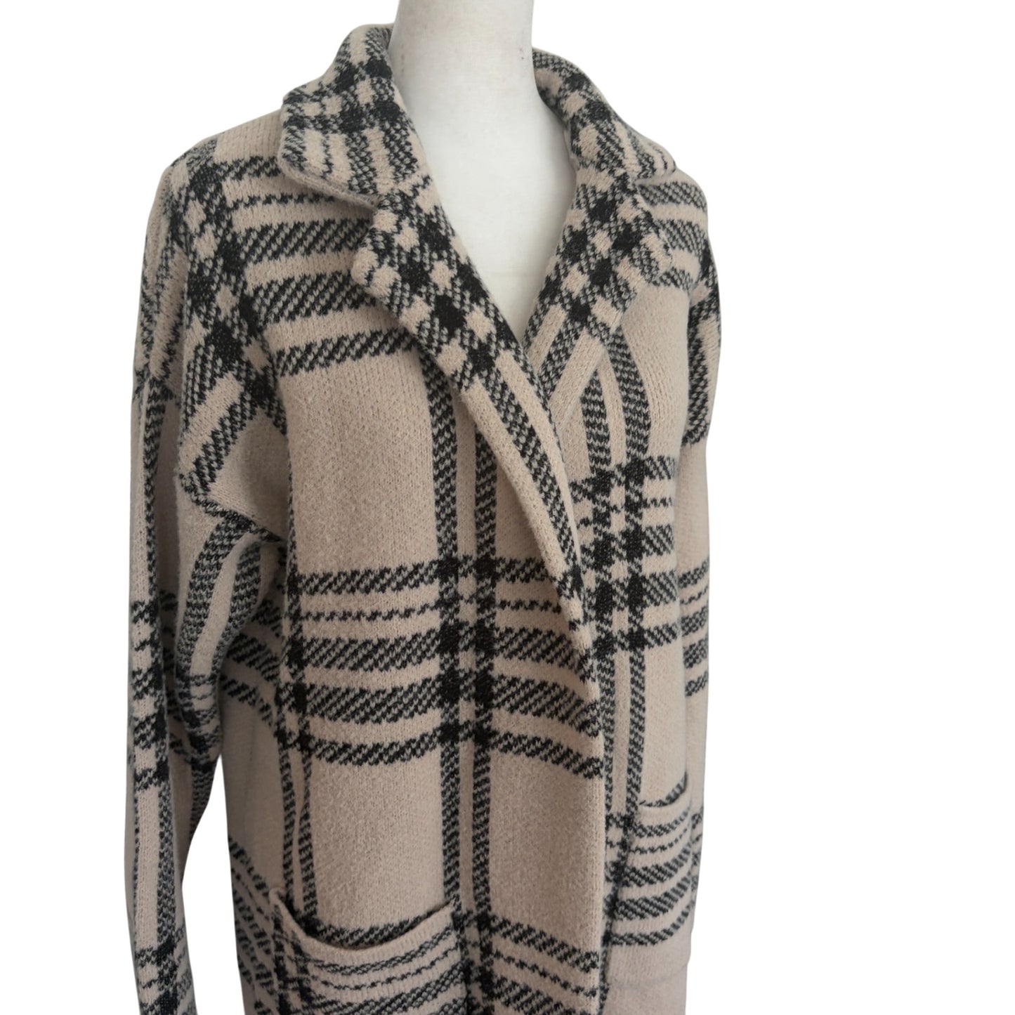 Sincerely Jules Tan and Black Plaid Long Cardigan Jacket Coat Womens Size Small