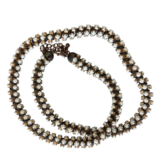 Anthropologie Vintage Bronze Tone and White Bead Stone 3D Statement Necklace