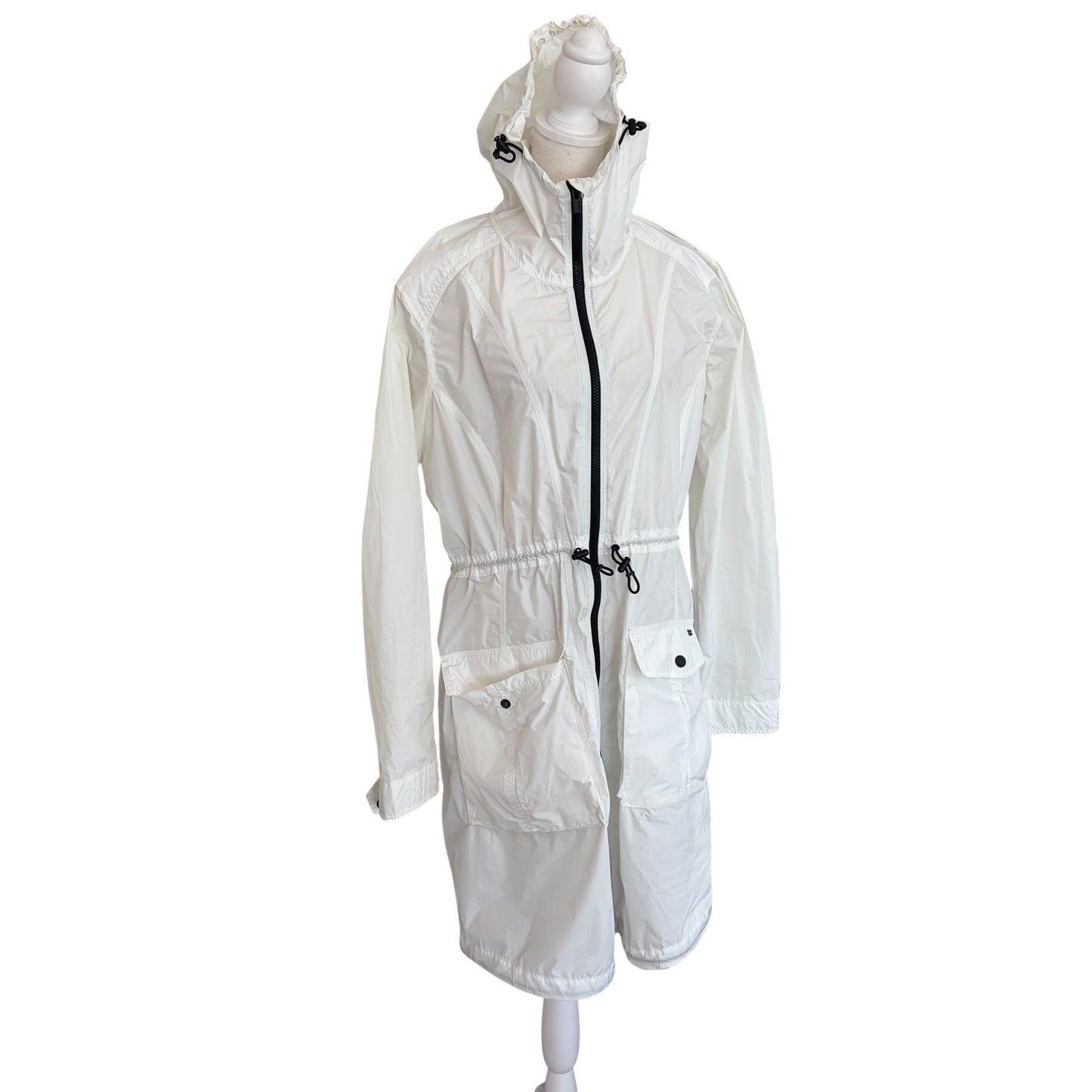 Athleta Hooded Full Zip Cinch Waist White Long Rain Jacket Womens Size Medium
