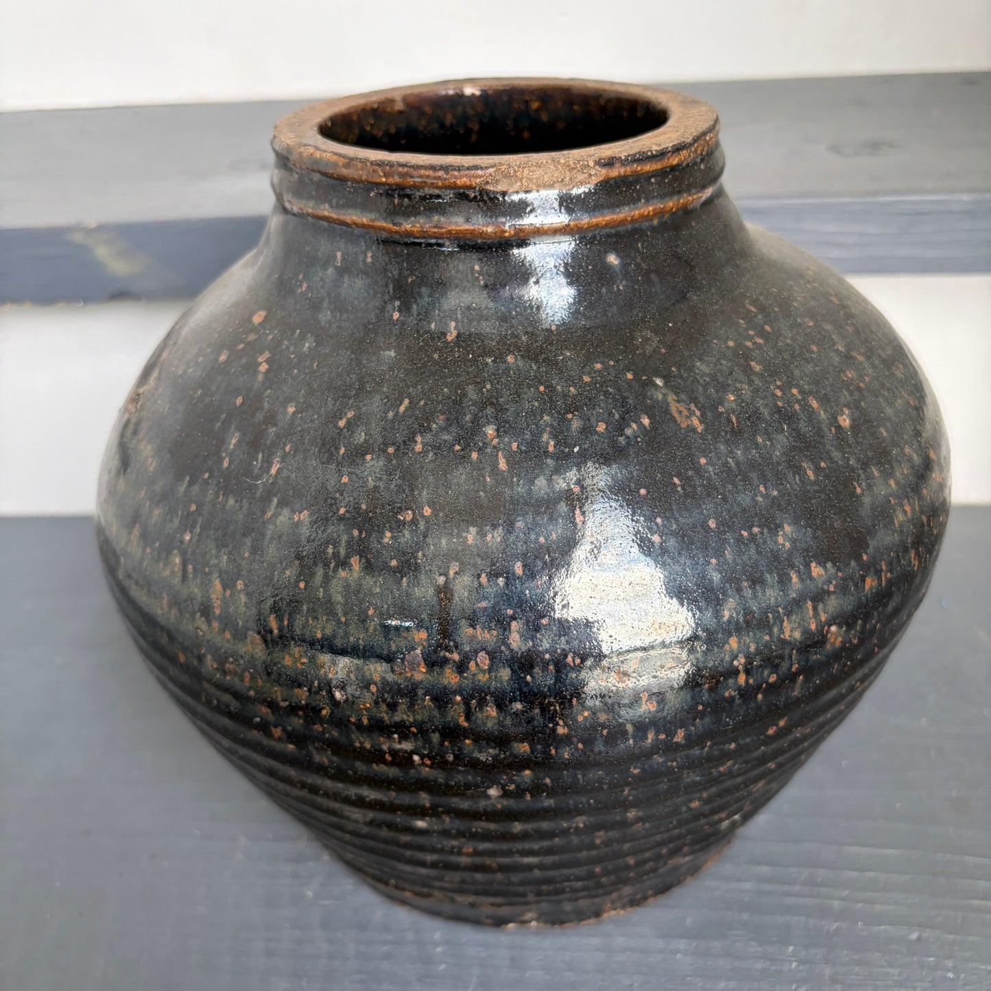 Antique Chinese Ming Large Black Cizhou Vase / Pot  Brown Spots 8" x 11"