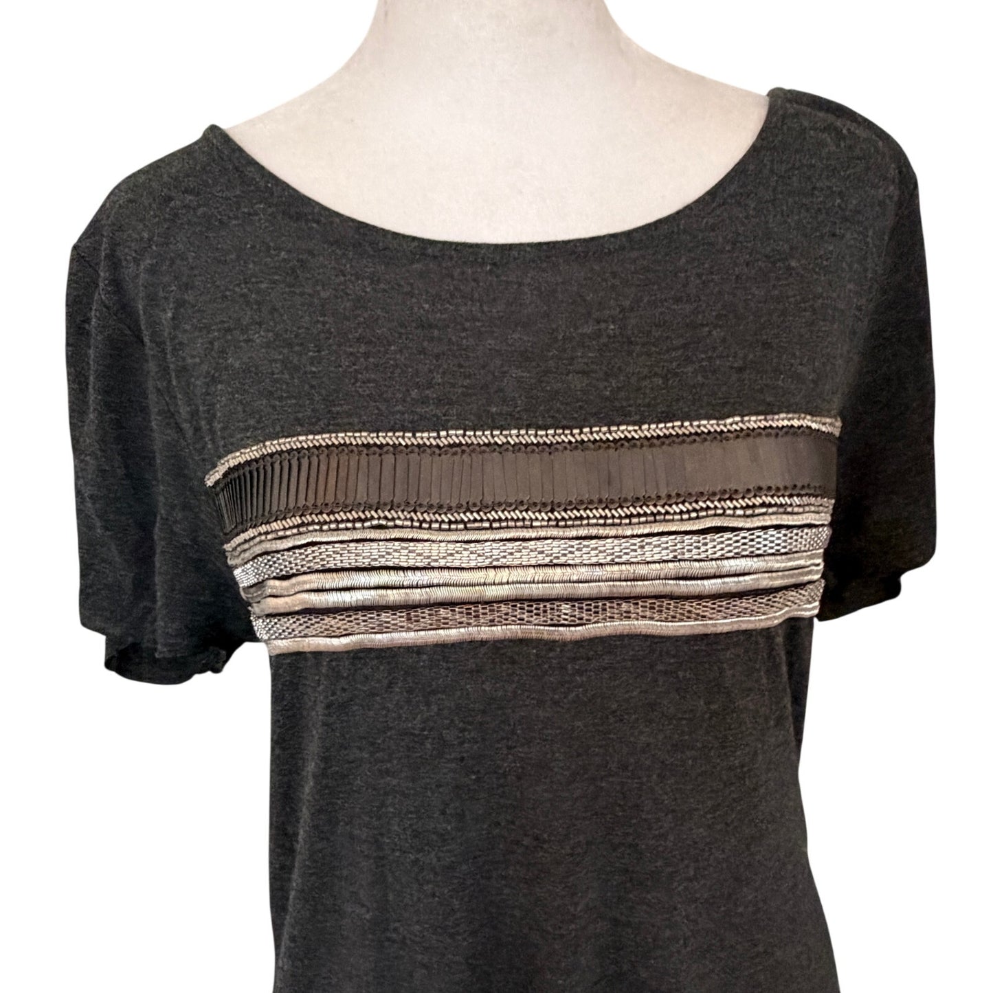 ALLSAINTS Grey Hand Embellished Beaded Short Sleeve Top Womens Size 2
