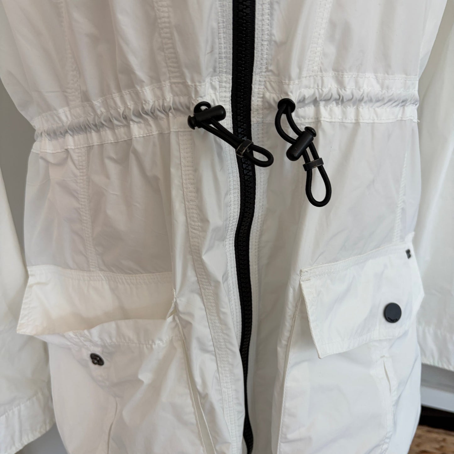 Athleta Hooded Full Zip Cinch Waist White Long Rain Jacket Womens Size Medium