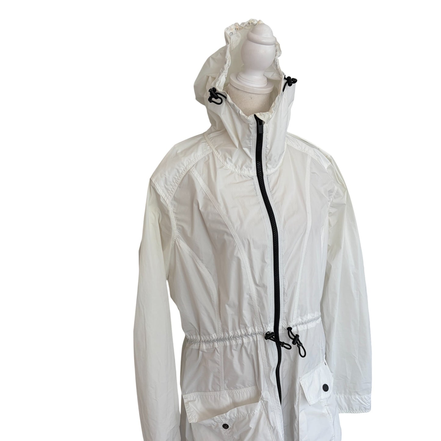 Athleta Hooded Full Zip Cinch Waist White Long Rain Jacket Womens Size Medium