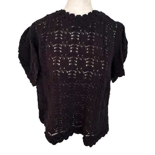Anthropologie Black Crochet Short Sleeve Scalloped Sweater Women Size XL Petite