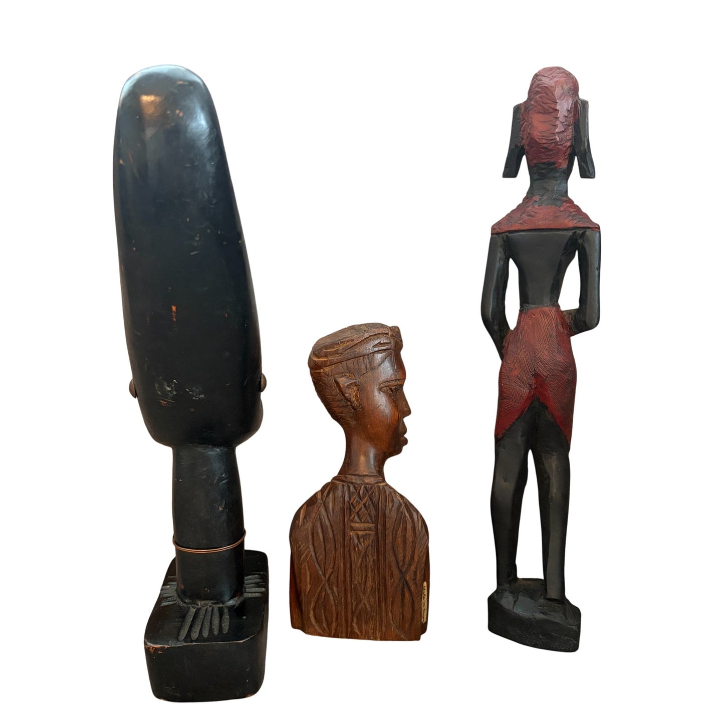 Vintage African Tribal Hand Carved Wooden Statue Figure 12" and 7" LOT of 3