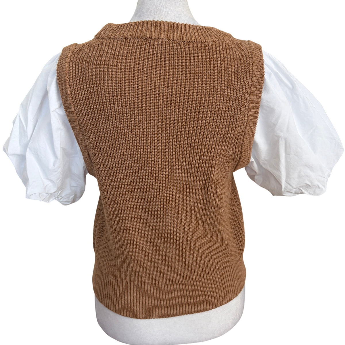 Lilla P Mixed Media Pullover Brown Sweater Vest + White Puff Sleeve Top Size XS