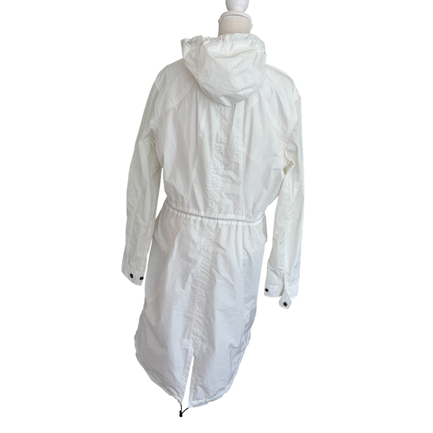 Athleta Hooded Full Zip Cinch Waist White Long Rain Jacket Womens Size Medium