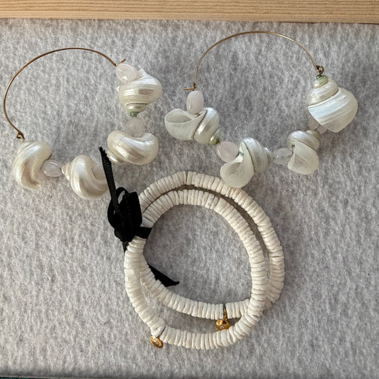 J. Crew LOT 2 Gold Tone and Seashell Hoop Earrings and Double Coral Bracelets