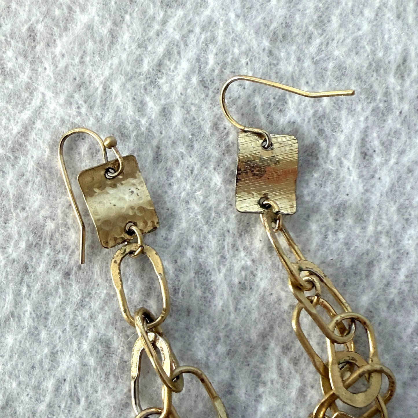 Anthropologie Gold Tone Dangle Earrings Hammered Rectangular Charms Chain Link