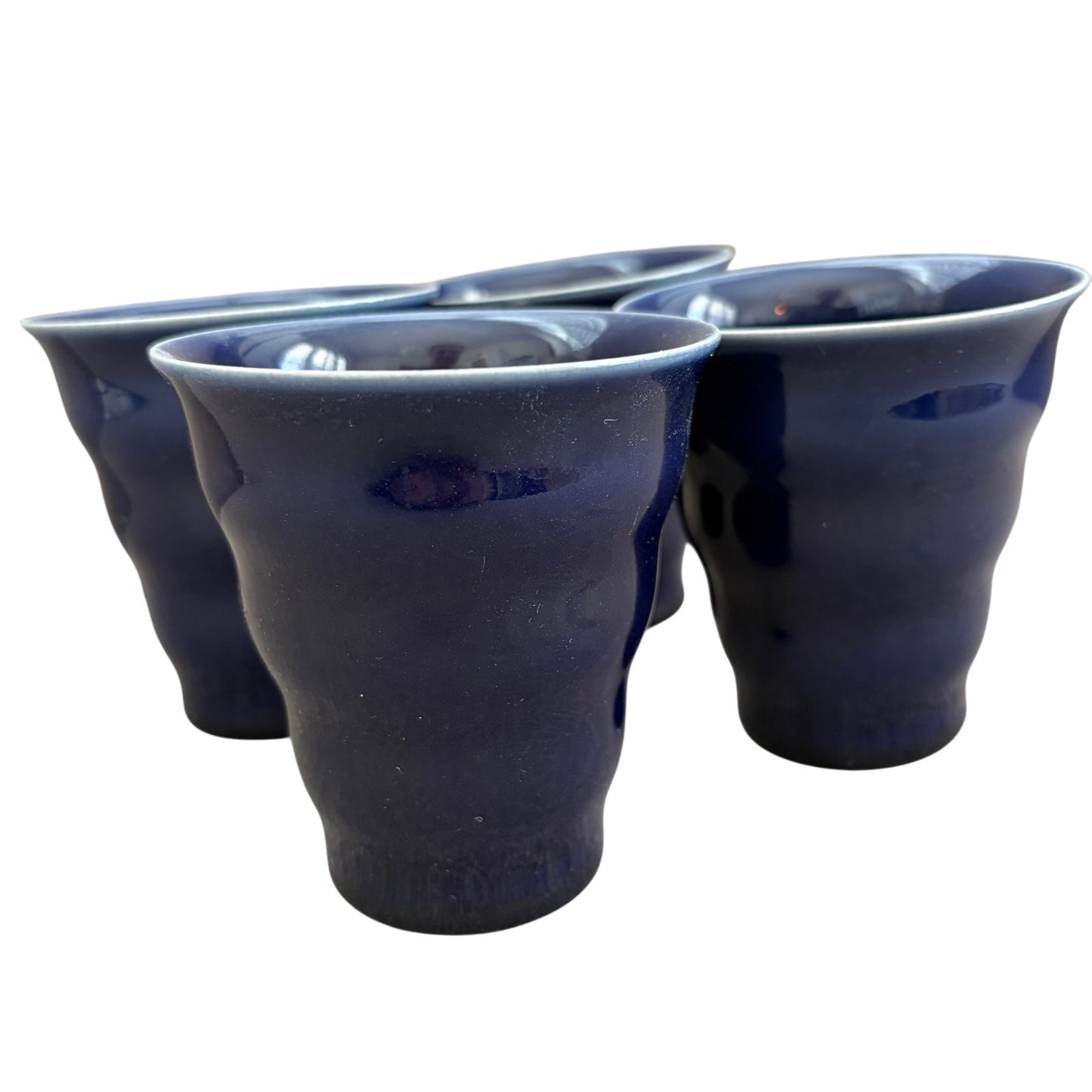 LOT 4 Boda Nova Sweden Blue Ribbed Tapered Ceramic Drinking Glasses 4" Tall 90s