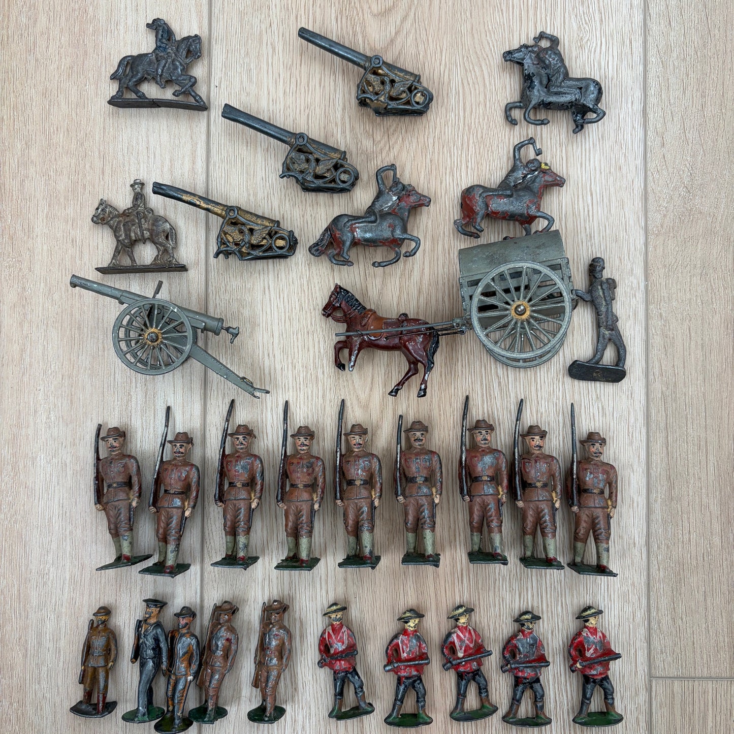 Lot of 30 Vintage Cast Iron Toy Soldiers, Army Men, Calvary Horse Drawn Cannons