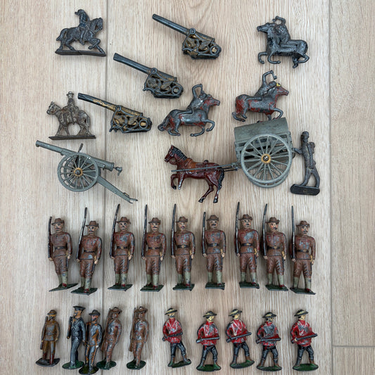 Lot of 30 Vintage Cast Iron Toy Soldiers, Army Men, Calvary Horse Drawn Cannons