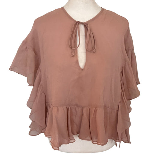 Rachel Comey Dusty Pink 100% Silk Sheer V-Neck Ruffled Blouse Womens Size 6