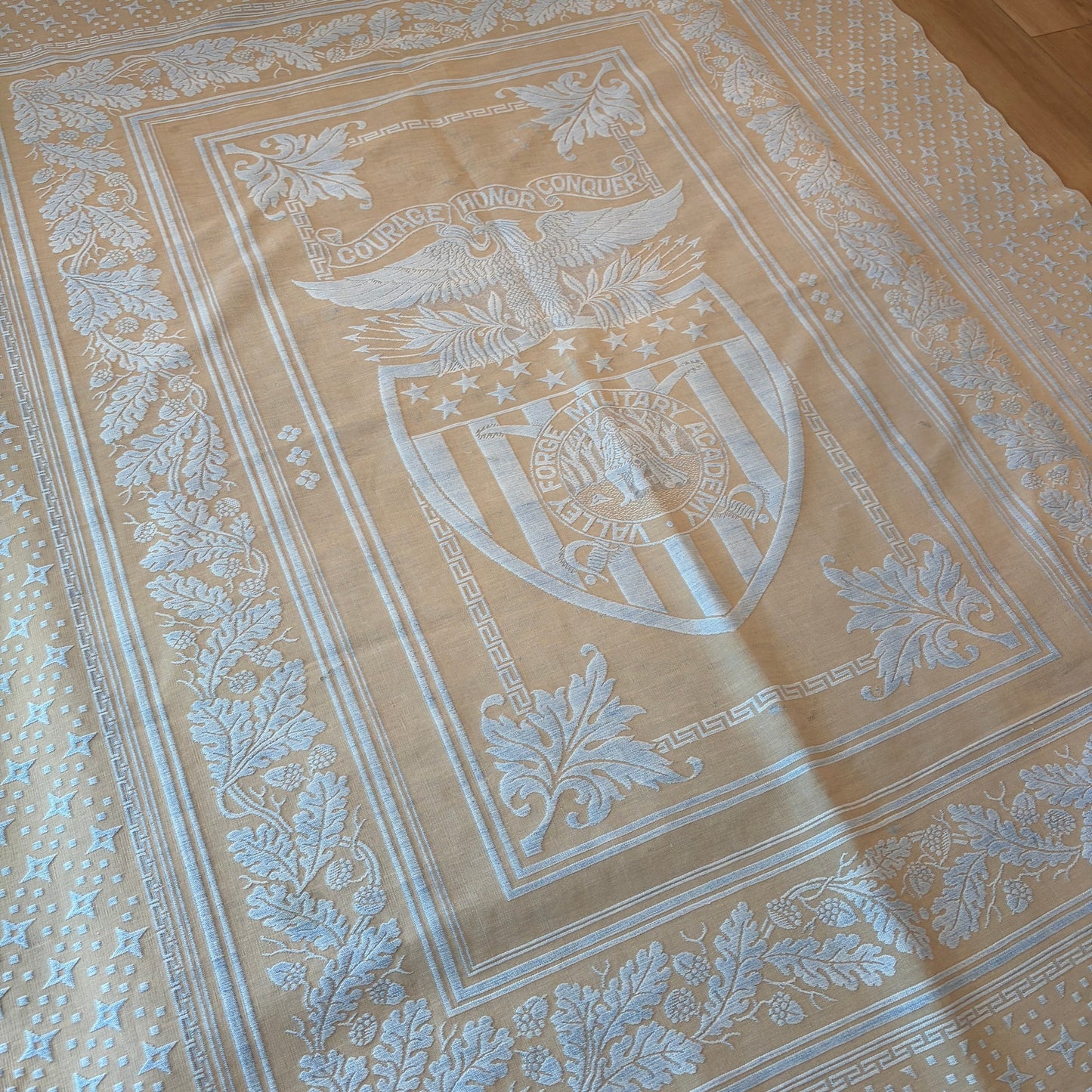 Vintage Monument Mills Valley Forge Military Academy Blue/Tan Coverlet 61" x 88"