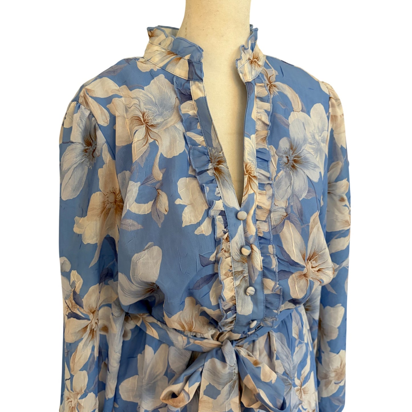 Joie Blue and White Floral Ruffled Mini Dress Long Sleeves Womens Size Medium