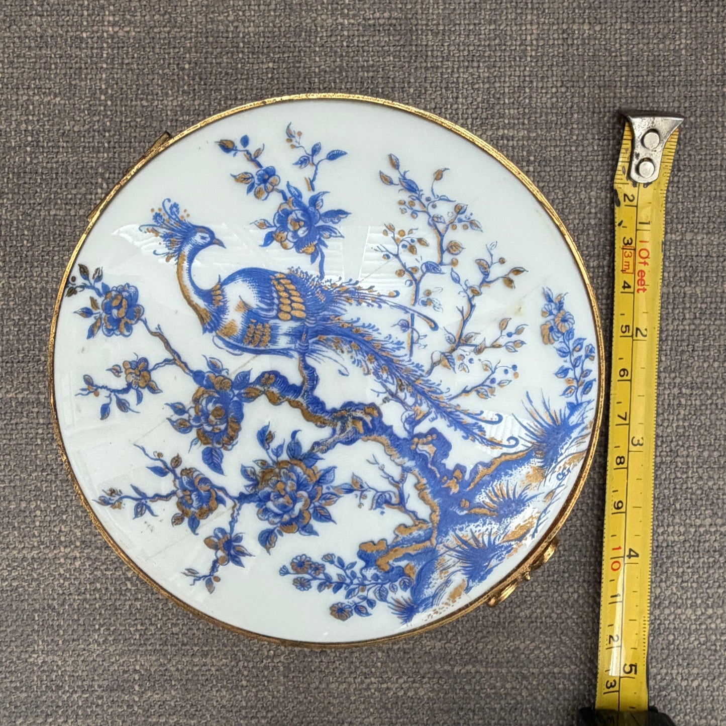 Limoges France Blue, White, Gold Peacock 4" Round Hinged Trinket / Jewelry Box