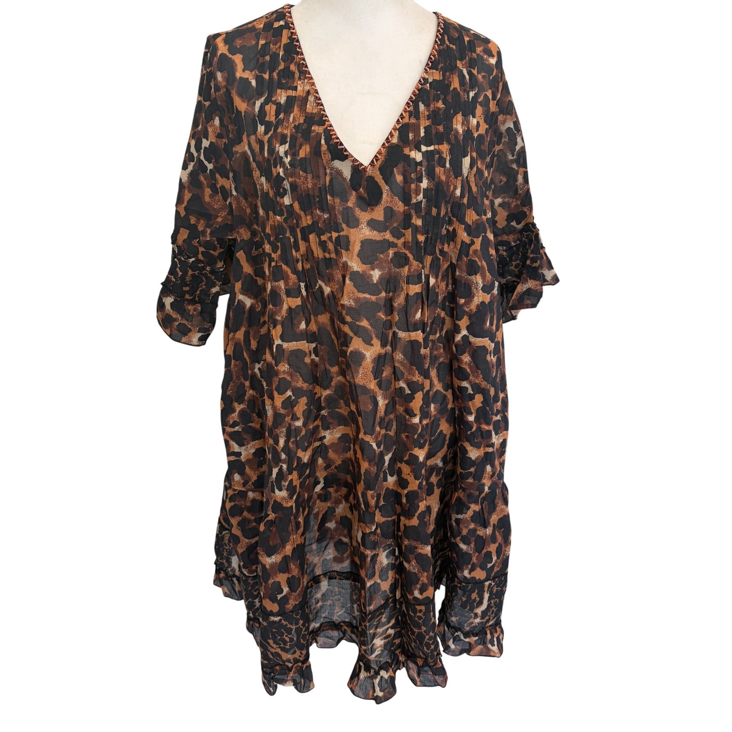Anthropologie Duet Brown Black Animal Print Dress Coverup Womens Size Large