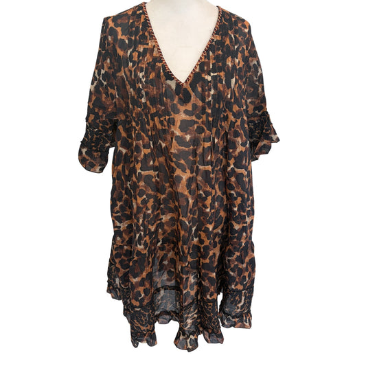 Anthropologie Duet Brown Black Animal Print Dress Coverup Womens Size Large