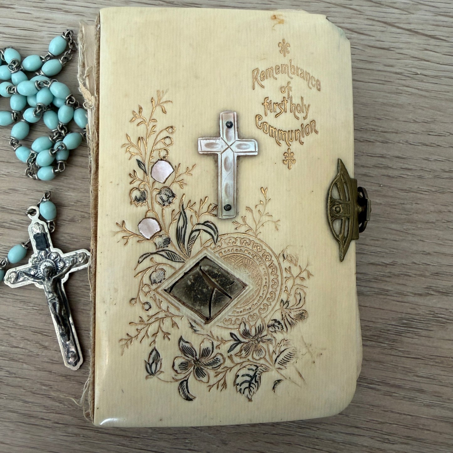 Antique German Remembrance of 1st Holy Communion Prayer Book, Blue Rosary Beads