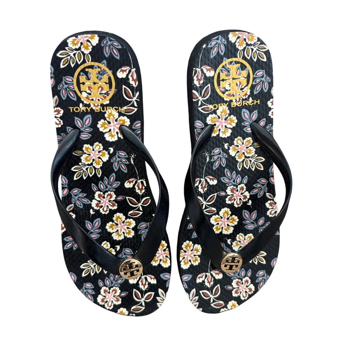 Tory Burch Black Floral Print Flip Flop Thong Sandals Womens Size 7